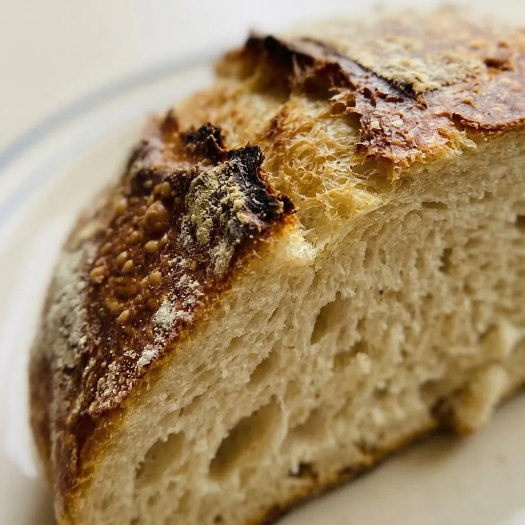 Zoomed in on a slice of bread with a crisp crust and airy crumb, visible salt crystals on top.