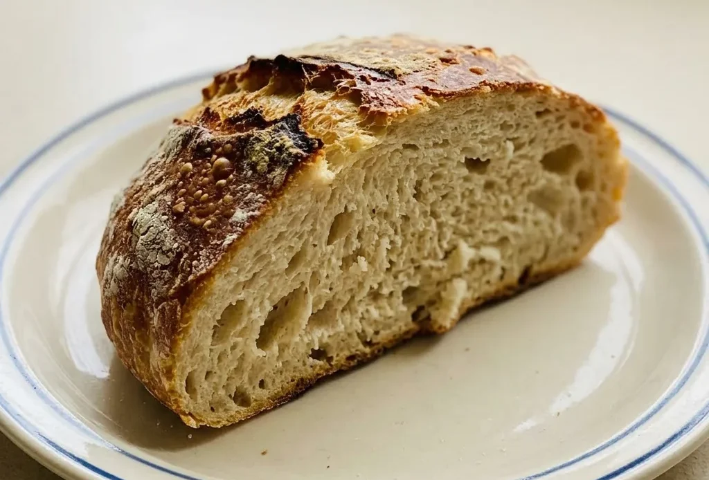 Bird's-eye view of a round loaf with a golden crust, scored pattern, and scattered flour flecks.