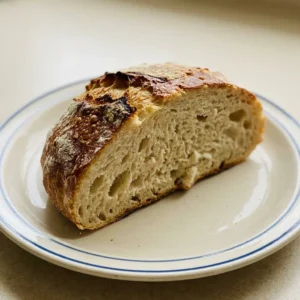 Bird's-eye view of a round loaf with a golden crust, scored pattern, and scattered flour flecks.