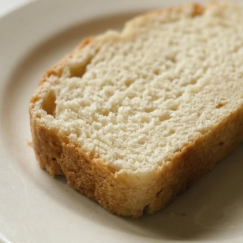 Close view of a slice showing a soft crumb with tiny air pockets, a pat of butter melting on top.