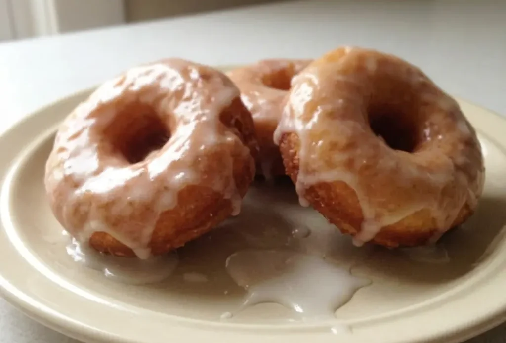 Overhead shot of three round donuts with white powdered sugar glaze on a dark surface.