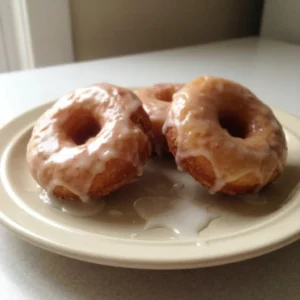 Overhead shot of three round donuts with white powdered sugar glaze on a dark surface.