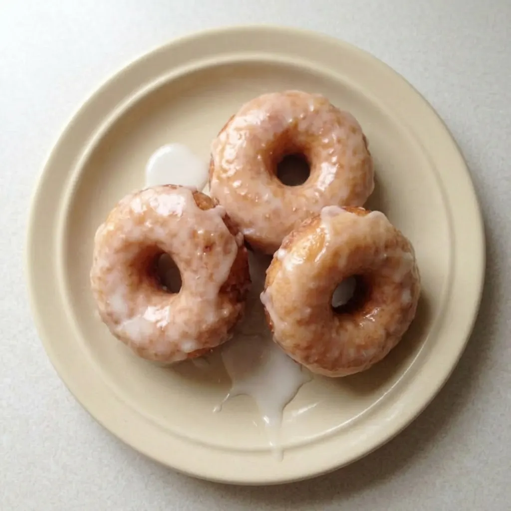 Plated donut topped with powdered sugar, next to a glass of milk.