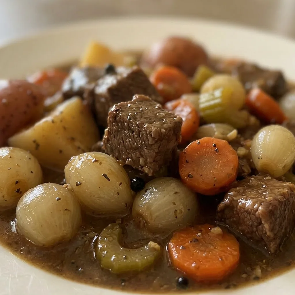 Zoomed in on tender beef stew meat and chunks of red potatoes and carrots in a rich broth.