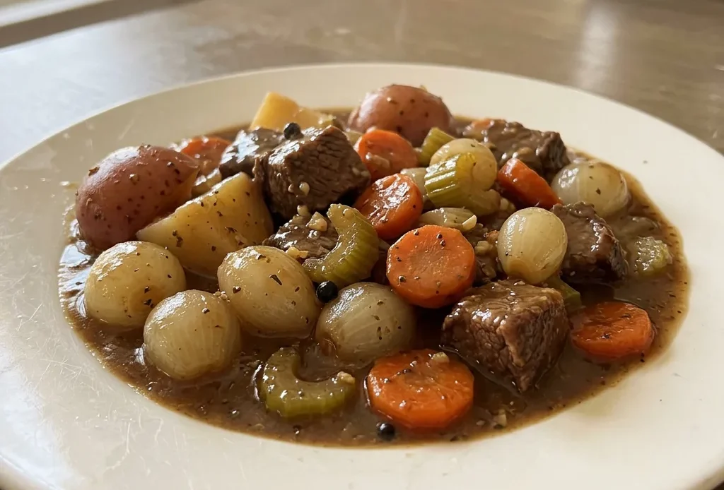 Bird's-eye view of beef stew with red potatoes, pearl onions, carrots, and celery in thick broth.