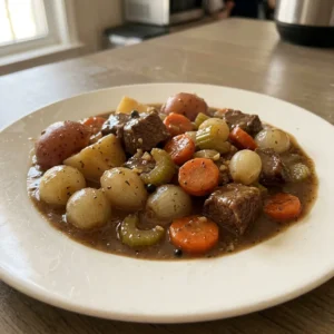 Bird's-eye view of beef stew with red potatoes, pearl onions, carrots, and celery in thick broth.