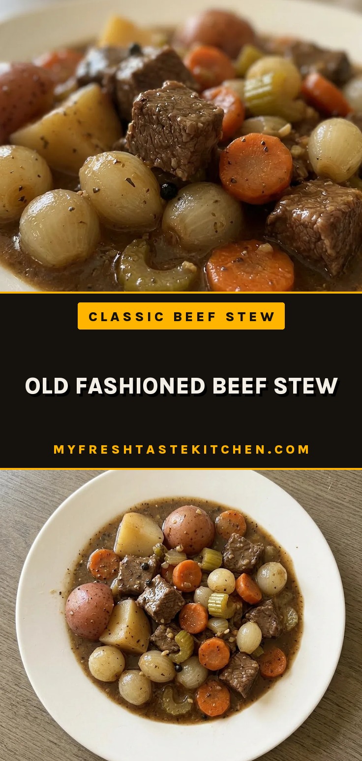 Old fashioned beef stew with beef stew meat, red potatoes, and pearl onions in a brown gravy.