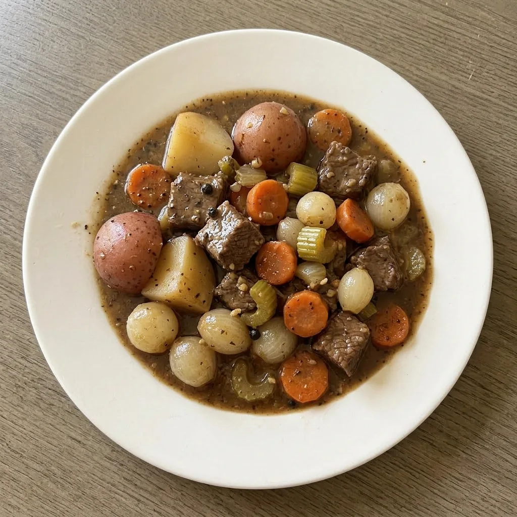 Ready to serve: a hearty beef stew with pearl onions, carrots, celery, and red potatoes.