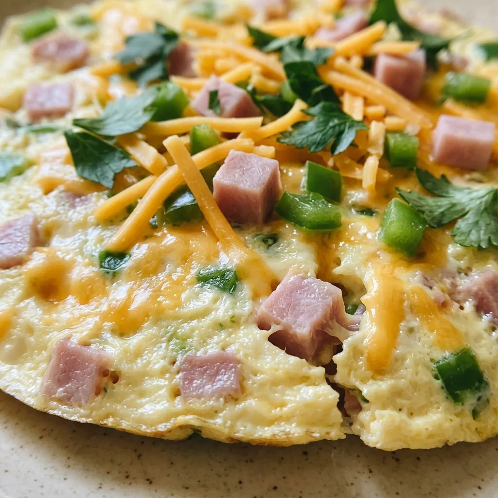 Up close, a golden omelet topped with shredded cheddar, sliced green onions, and a dollop of sour cream, with a fork resting beside it.