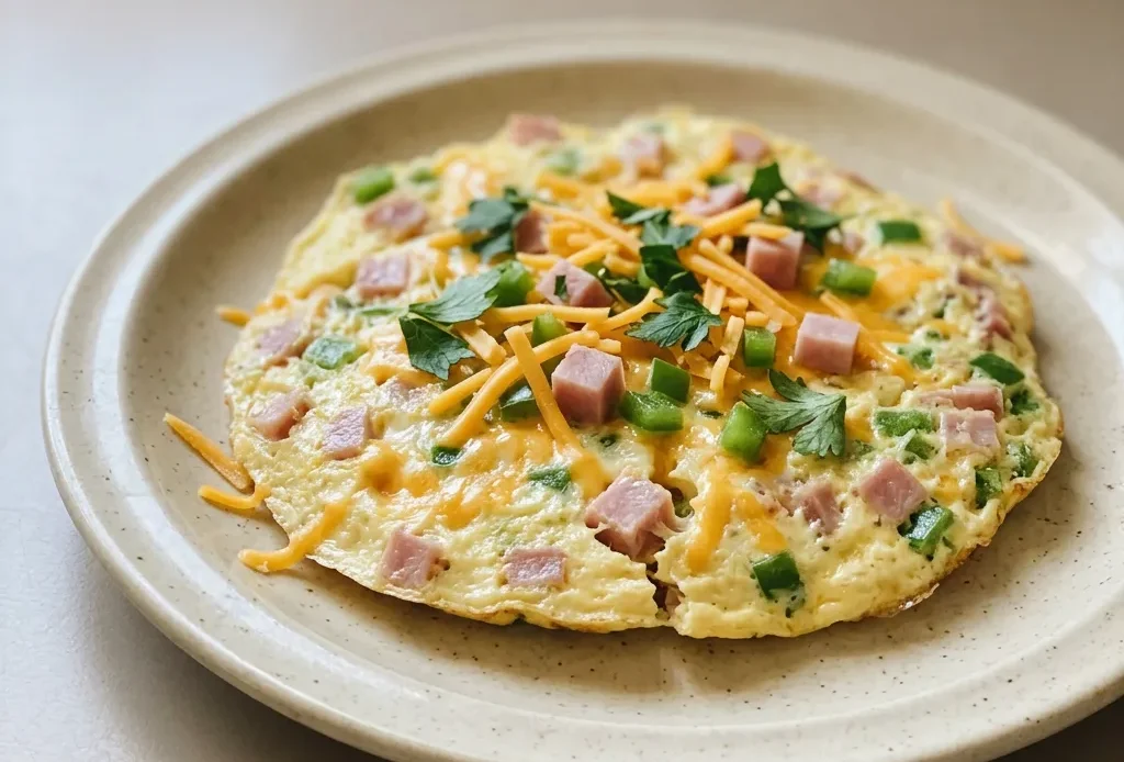 Looking down at a folded omelet on a plate, with visible chunks of ham, melted cheese, and diced bell peppers peeking out from the edges.