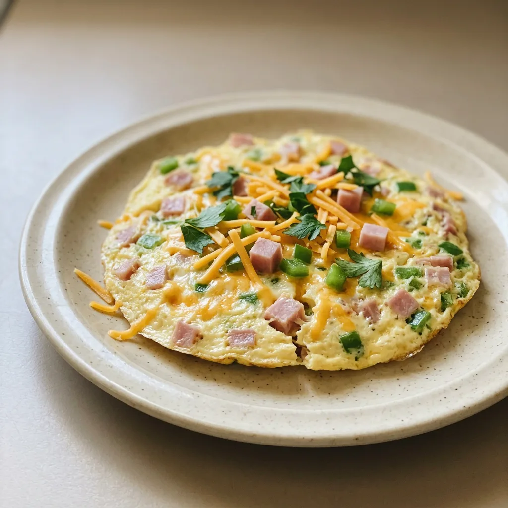 Looking down at a folded omelet on a plate, with visible chunks of ham, melted cheese, and diced bell peppers peeking out from the edges.