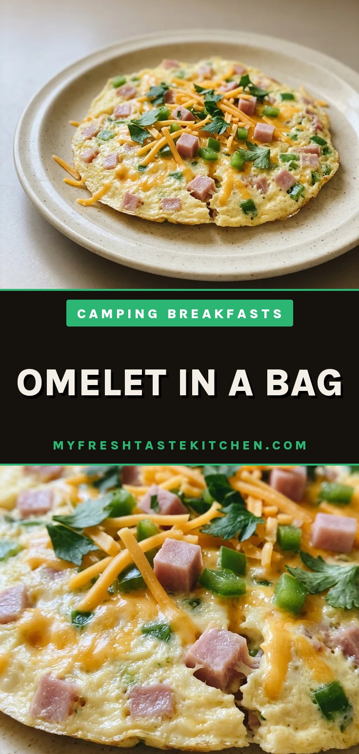 Omelet in a bag with cheese and vegetables, a folded egg pouch with visible green and red vegetable pieces and melted cheese.