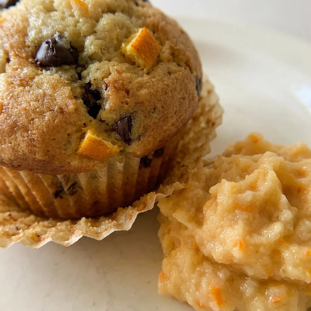 Up close, a golden muffin with visible orange zest and melted chocolate chips, a butter pat on top.