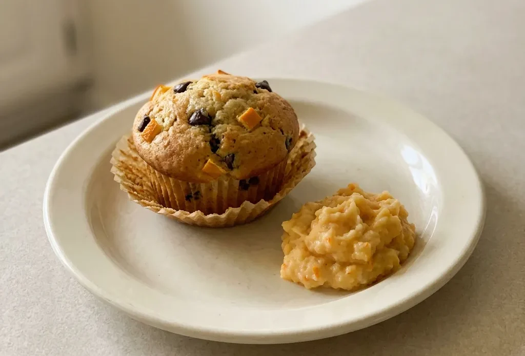 Looking down at a round orange muffin topped with chocolate chips and a slice of orange.