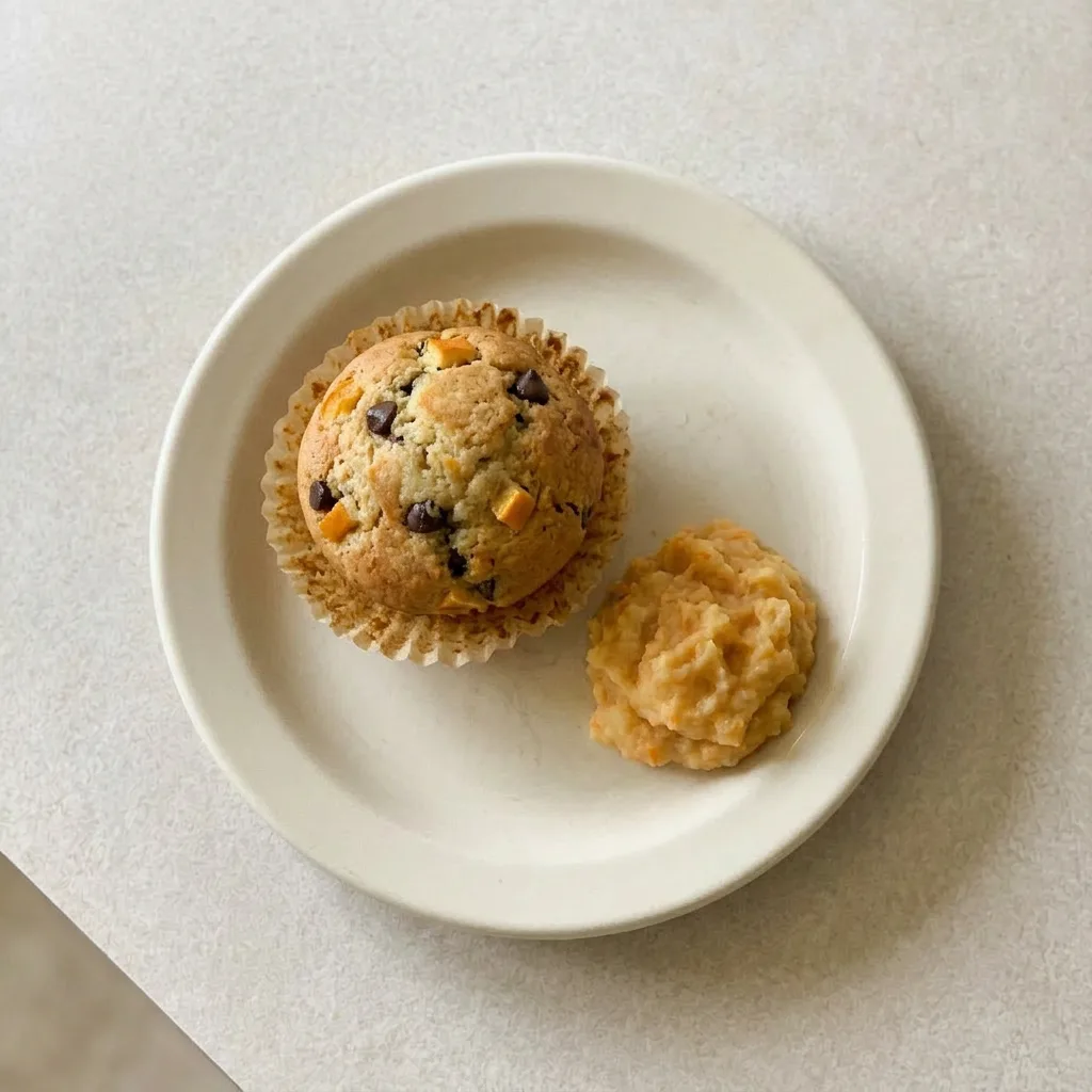 A plate of orange chocolate chip muffins, each with a glossy top and a wedge of orange.