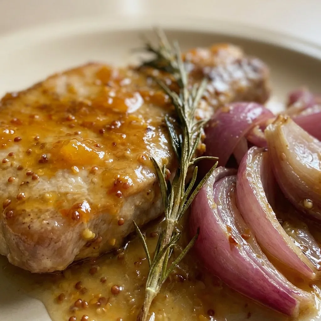 Close view of a single pork chop with glossy orange marmalade and whole-grain mustard glaze, garnished with fresh rosemary and a lime wedge.