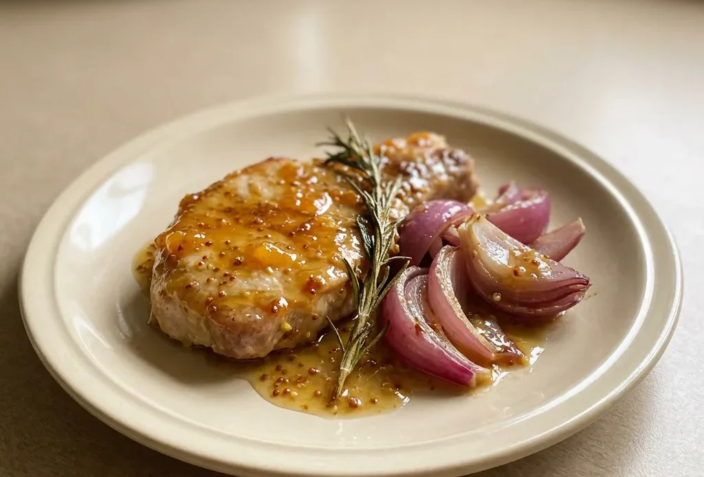 Overhead shot of two pork chops glazed with orange mustard sauce, topped with red onion rings and rosemary sprigs.