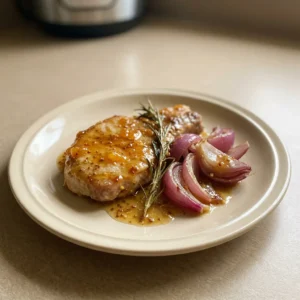 Overhead shot of two pork chops glazed with orange mustard sauce, topped with red onion rings and rosemary sprigs.