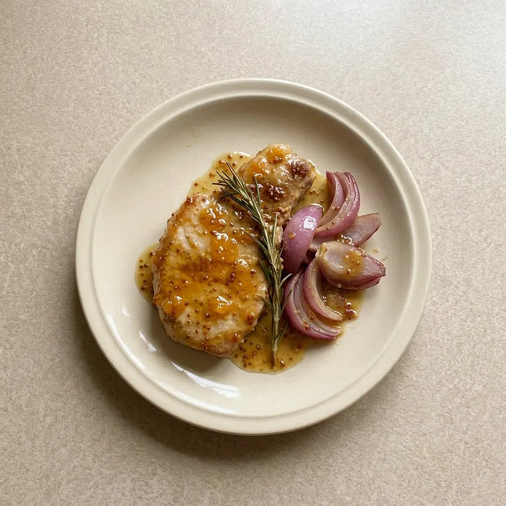 Plated pork chop drizzled with orange mustard sauce, accompanied by caramelized red onion slices and a rosemary garnish.
