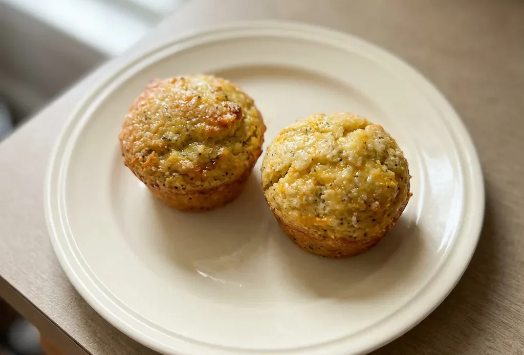 Top-down look at a golden muffin with a cracked dome, dotted with poppy seeds and speckled orange zest.