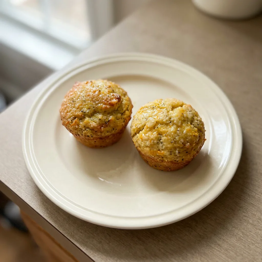Top-down look at a golden muffin with a cracked dome, dotted with poppy seeds and speckled orange zest.