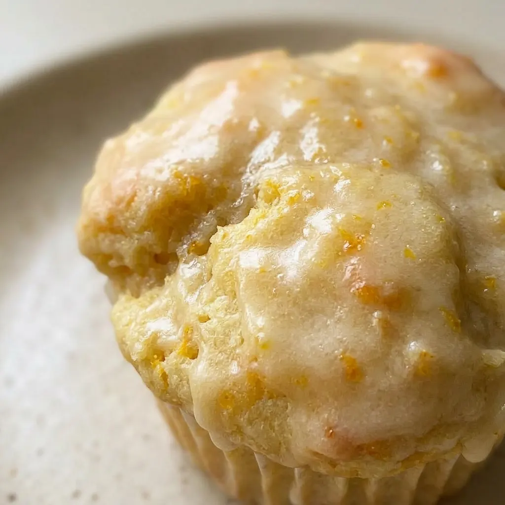 Zoomed in on a single muffin showing its golden-brown crust, tiny vanilla specks, and a drizzle of white glaze.