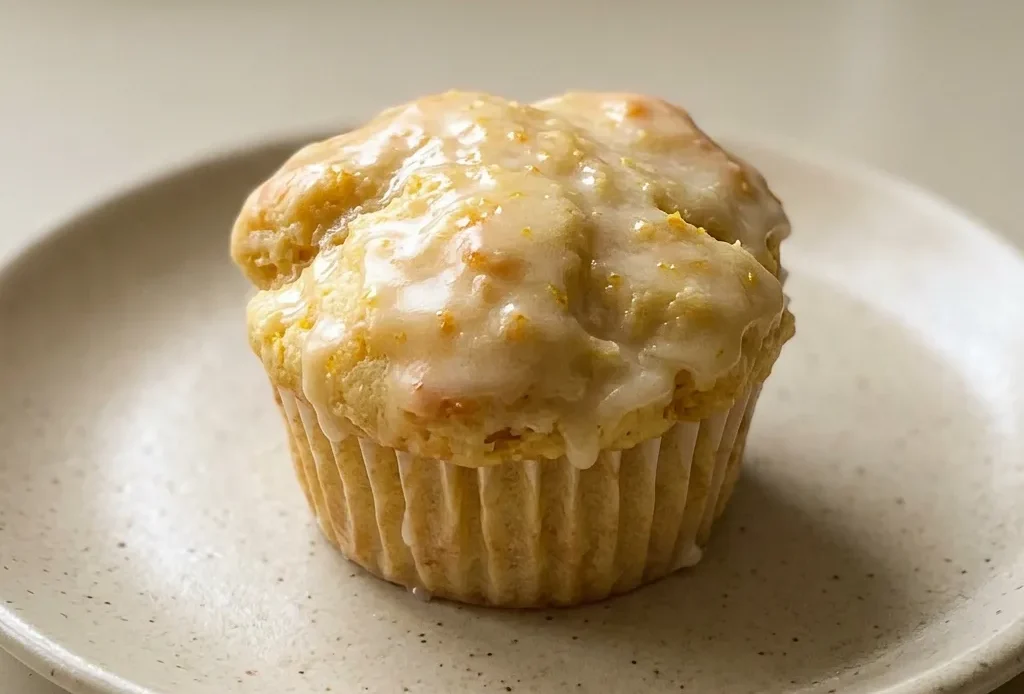 Bird's-eye view of three orange vanilla buttermilk muffins with glossy domed tops and visible orange zest.
