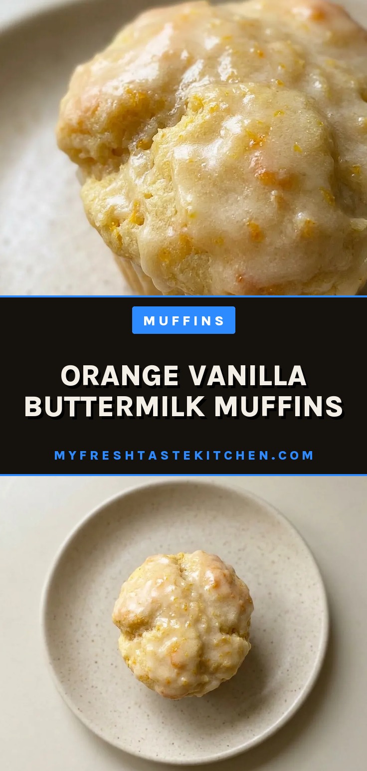 Bird's-eye view of three orange vanilla buttermilk muffins with glossy domed tops and visible orange zest.