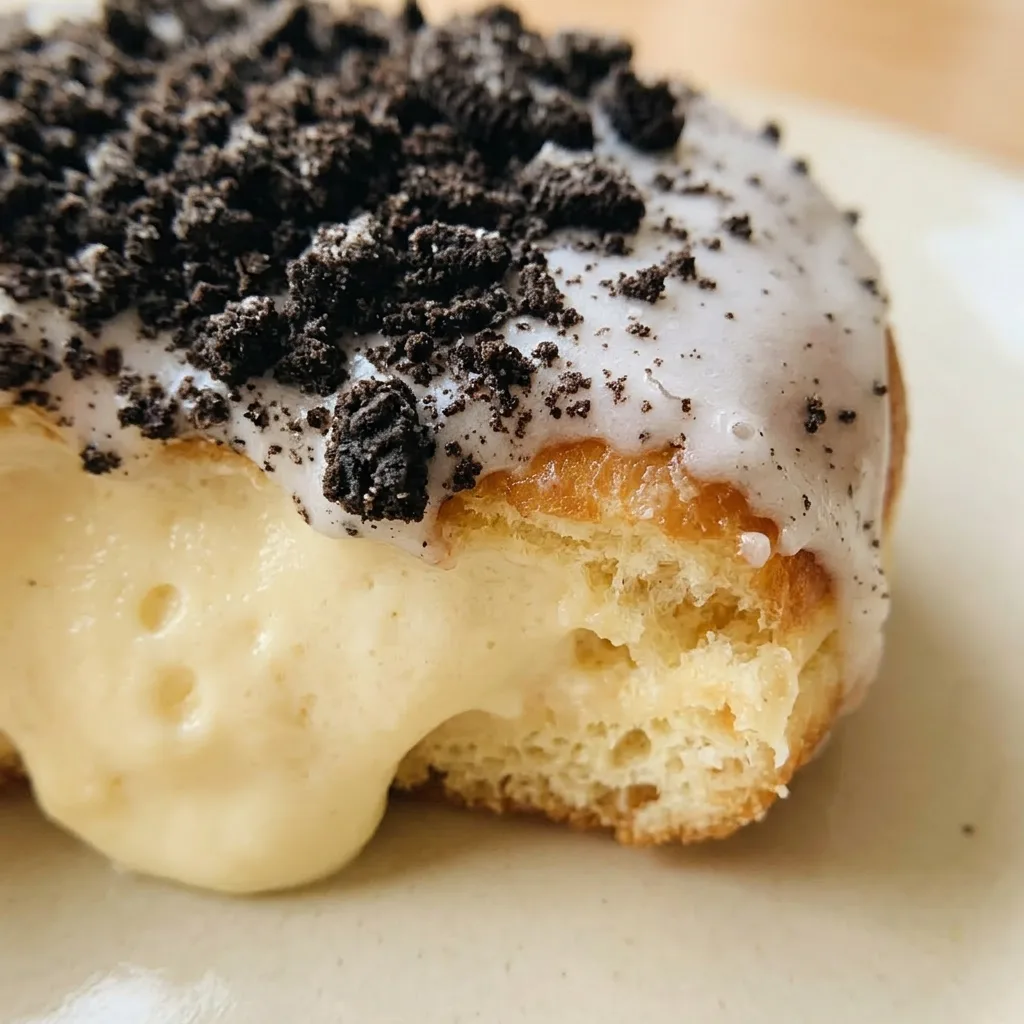 Close view of a doughnut with a creamy Oreo cheesecake filling, chocolate glaze, and cookie crumbles.