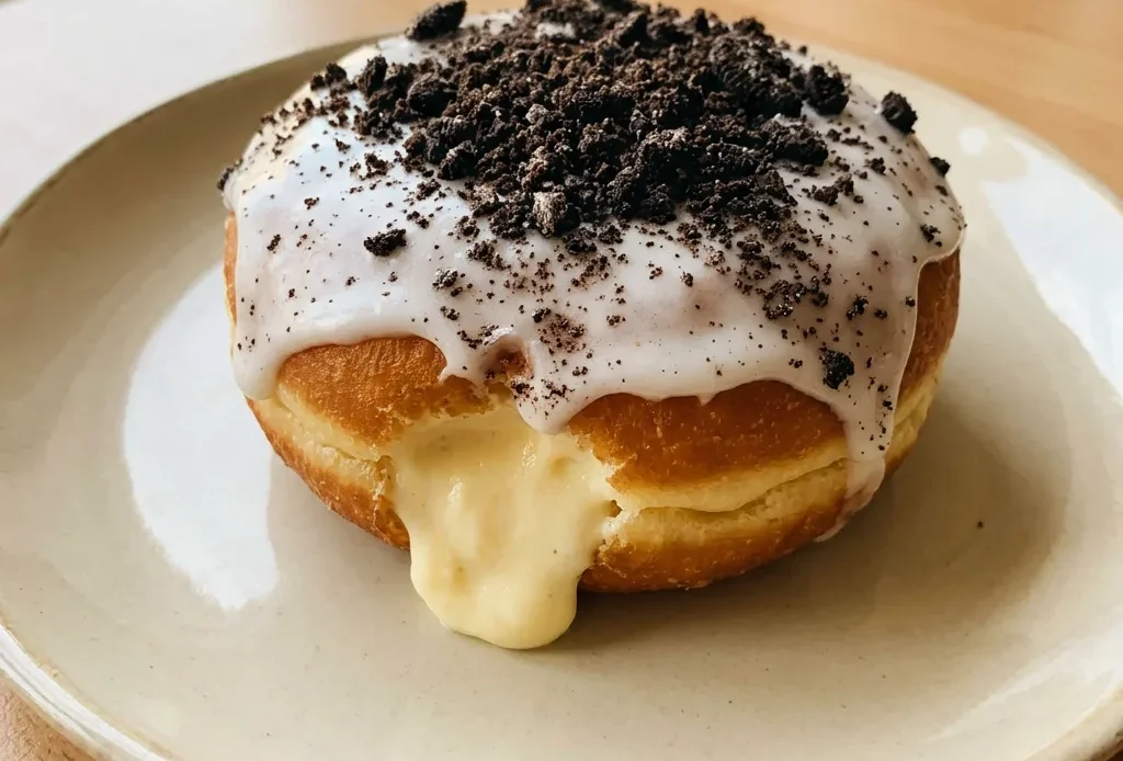 Overhead shot of three Oreo cheesecake doughnuts topped with cream cheese frosting, crushed Oreos, and white chocolate drizzle.