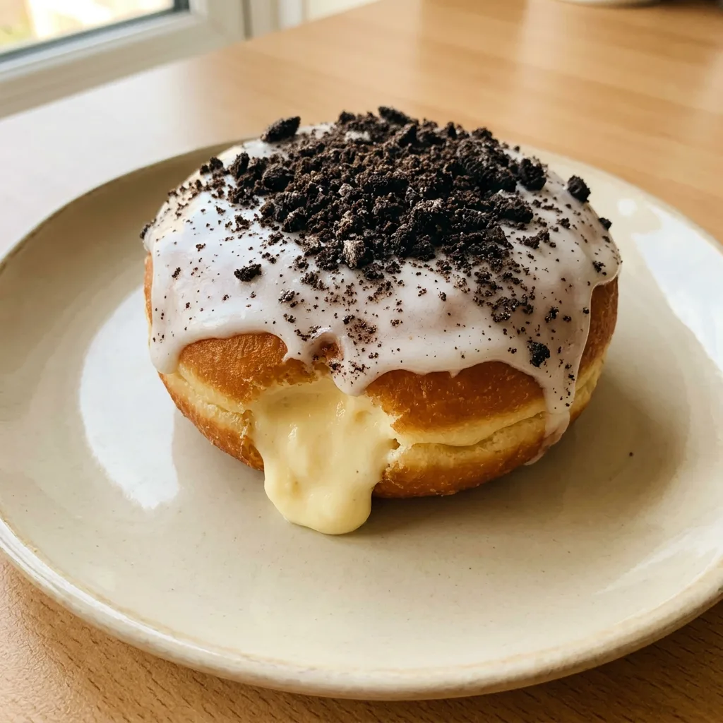 Overhead shot of three Oreo cheesecake doughnuts topped with cream cheese frosting, crushed Oreos, and white chocolate drizzle.
