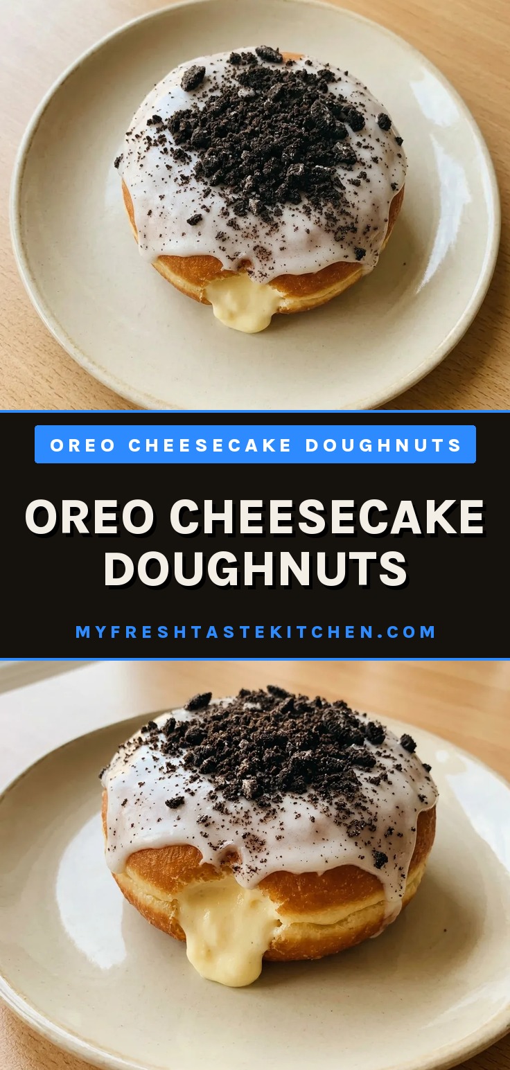 Oreo cheesecake doughnuts with cream cheese filling and crushed Oreo coating on a cooling rack.