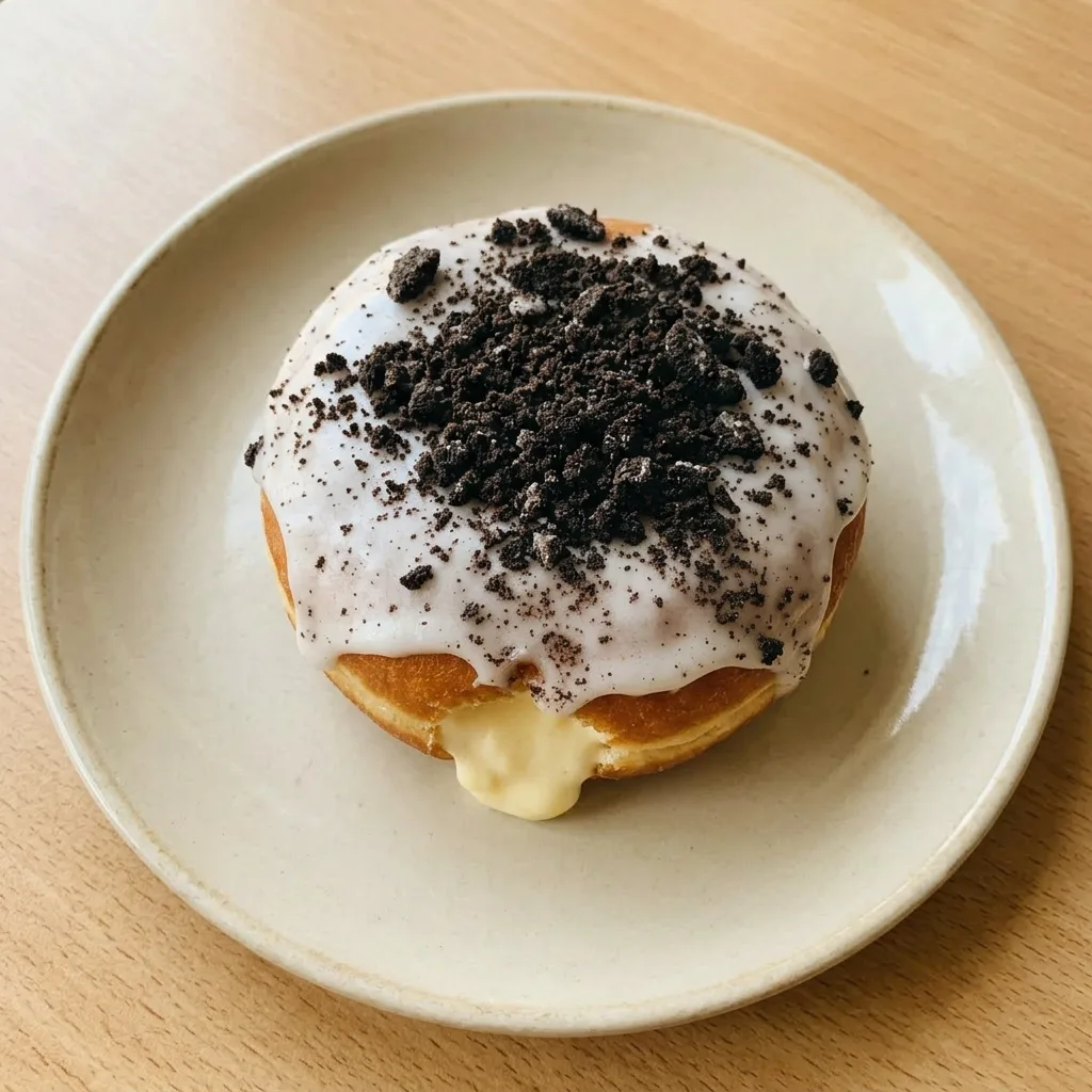 Plated doughnut garnished with whipped cream, a whole Oreo, and a dusting of powdered sugar.