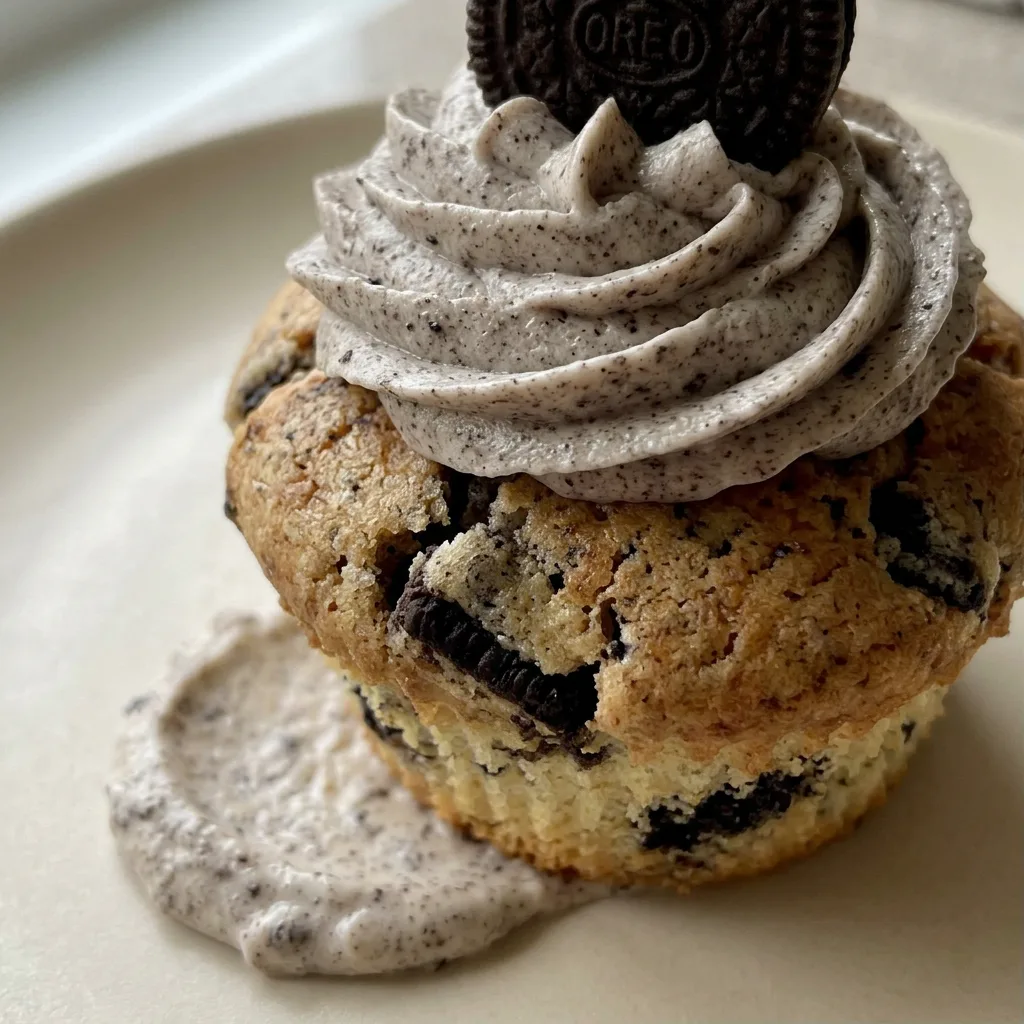 Up close, a vanilla cupcake with Oreo pieces in the frosting, crowned with a chocolate cookie half.
