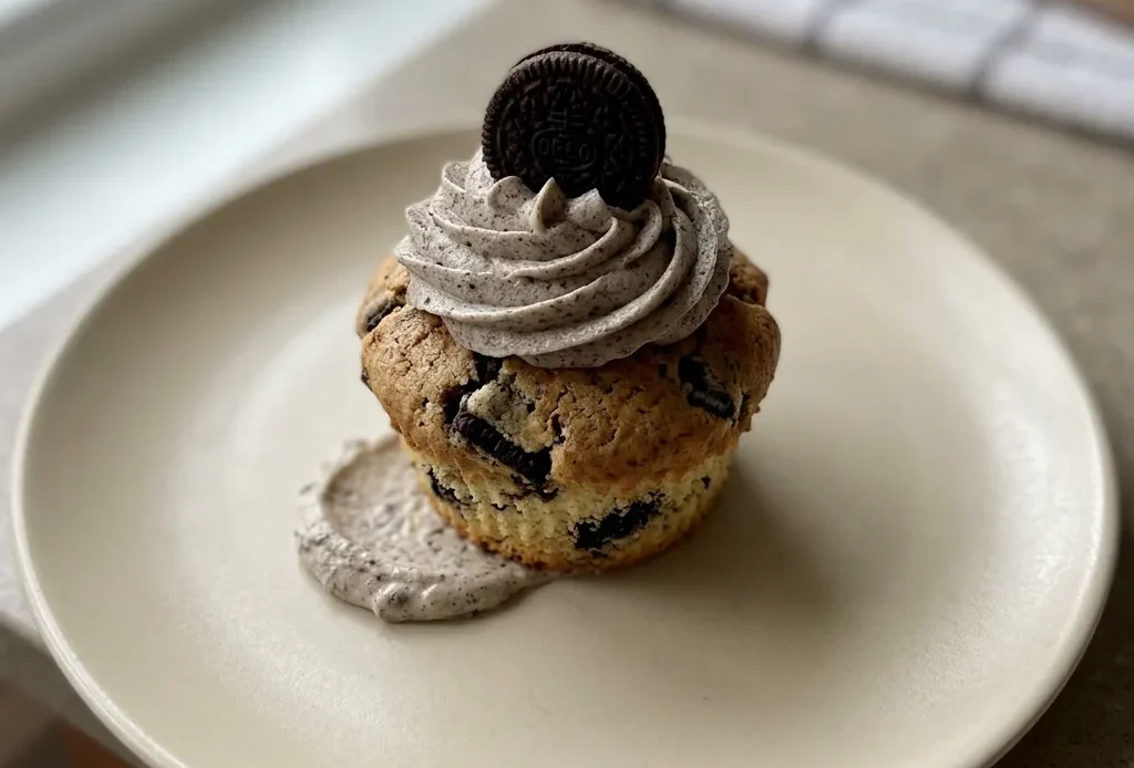 Looking down at three Oreo cupcakes on a white plate, each topped with buttercream frosting and a half Oreo cookie.