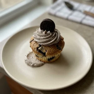 Looking down at three Oreo cupcakes on a white plate, each topped with buttercream frosting and a half Oreo cookie.