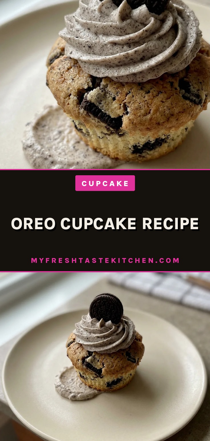 Looking down at three Oreo cupcakes on a white plate, each topped with buttercream frosting and a half Oreo cookie.