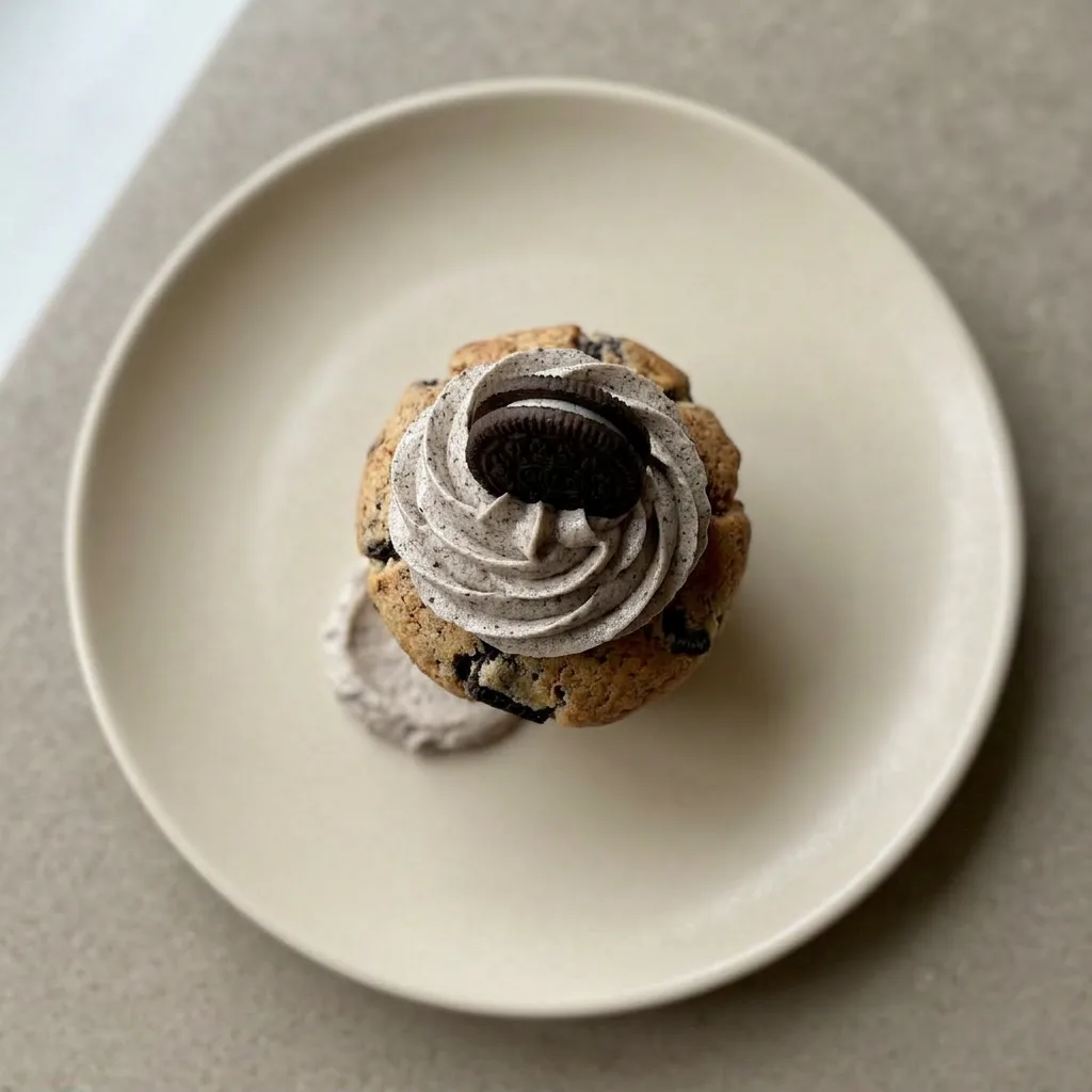 A plate of Oreo cupcakes with creamy vanilla frosting and visible cookie crumbles on top.