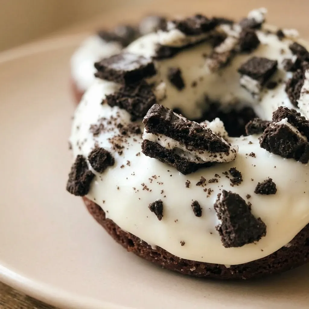 Macro detail of an Oreo donut half, showing cream cheese frosting and chocolate chips embedded in the crumb.