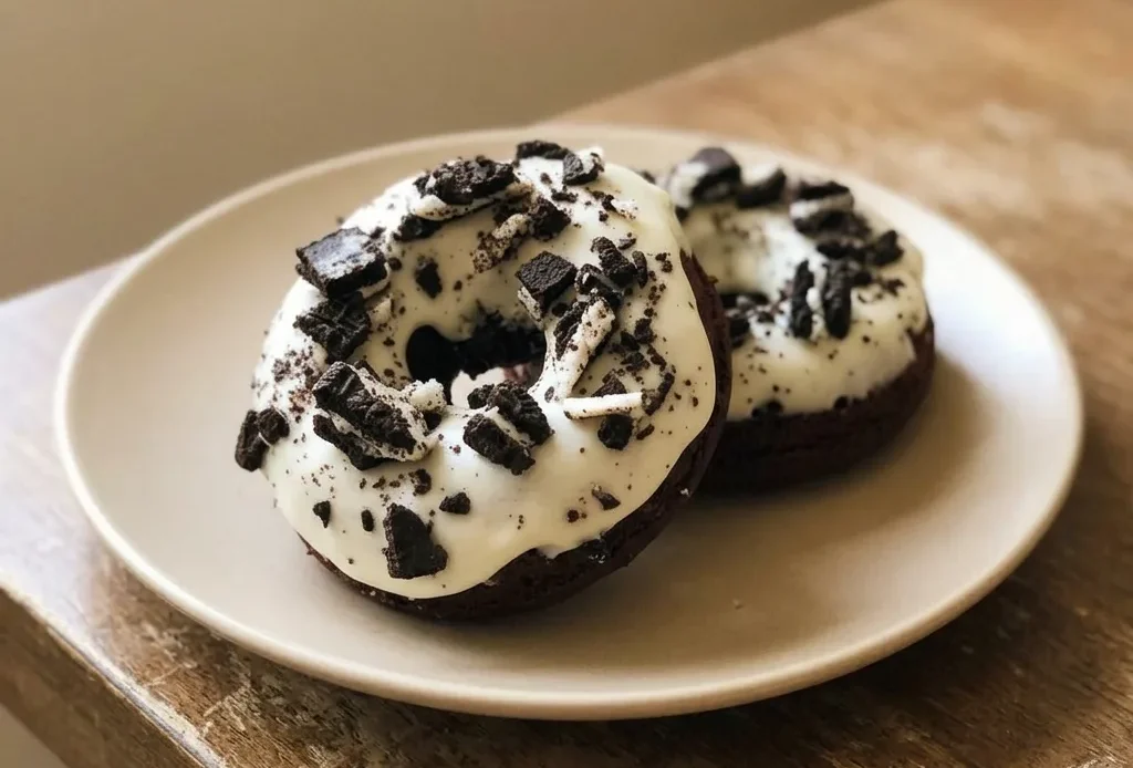 Top-down look at two Oreo donuts with cream cheese frosting and chocolate drizzle on a white plate.