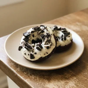 Top-down look at two Oreo donuts with cream cheese frosting and chocolate drizzle on a white plate.