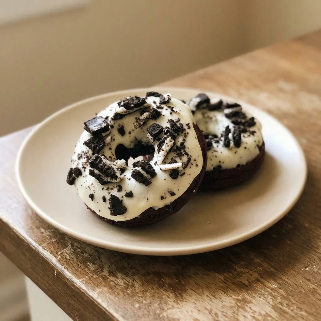 Top-down look at two Oreo donuts with cream cheese frosting and chocolate drizzle on a white plate.