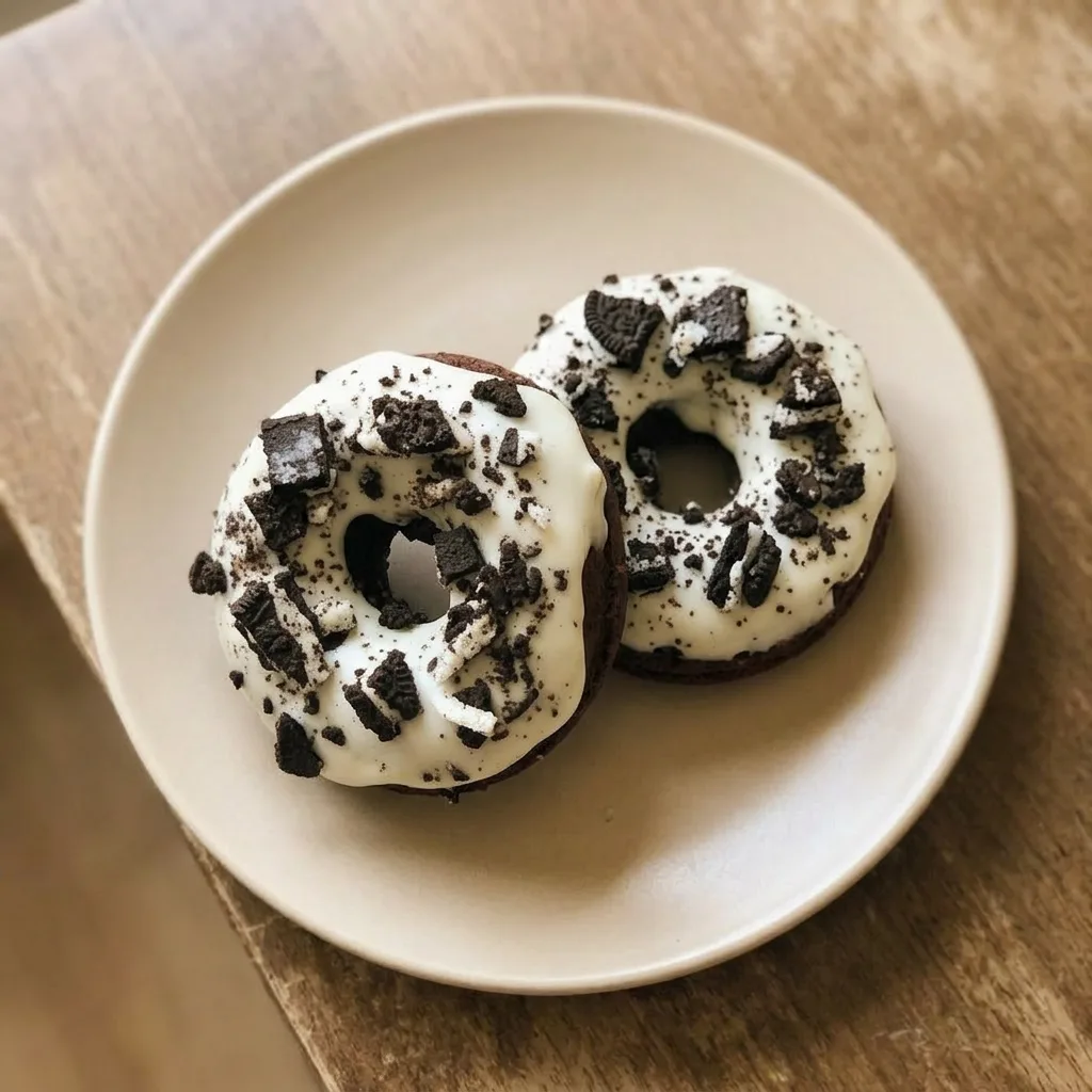 A serving of three Oreo donuts stacked, topped with cream cheese frosting and chocolate drizzle, with a visible Oreo cookie piece.