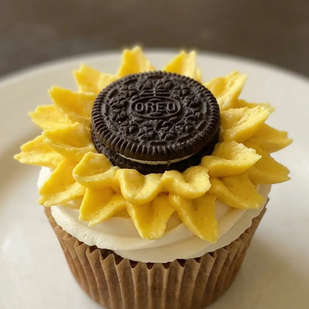 Up close, a vanilla cupcake with yellow buttercream, a whole Oreo cookie, and crushed Oreo pieces.