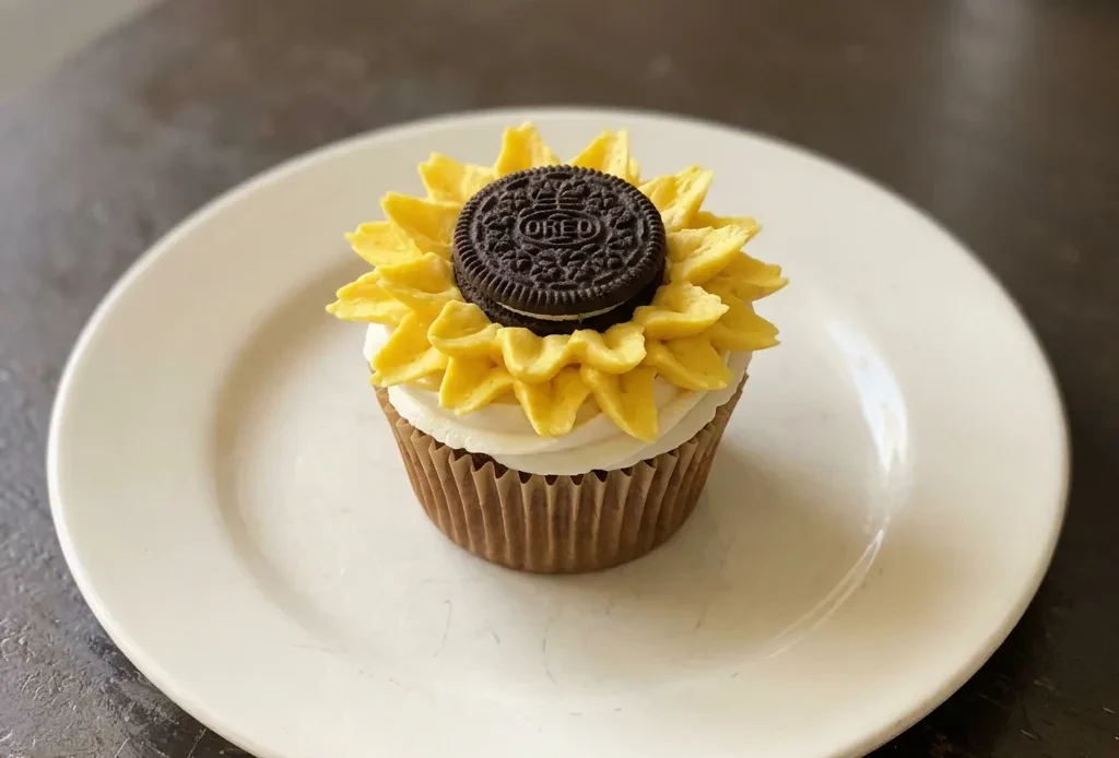 Looking down at a vanilla cupcake topped with yellow buttercream, a whole Oreo cookie, and crushed Oreo pieces.