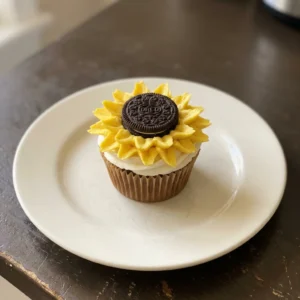 Looking down at a vanilla cupcake topped with yellow buttercream, a whole Oreo cookie, and crushed Oreo pieces.