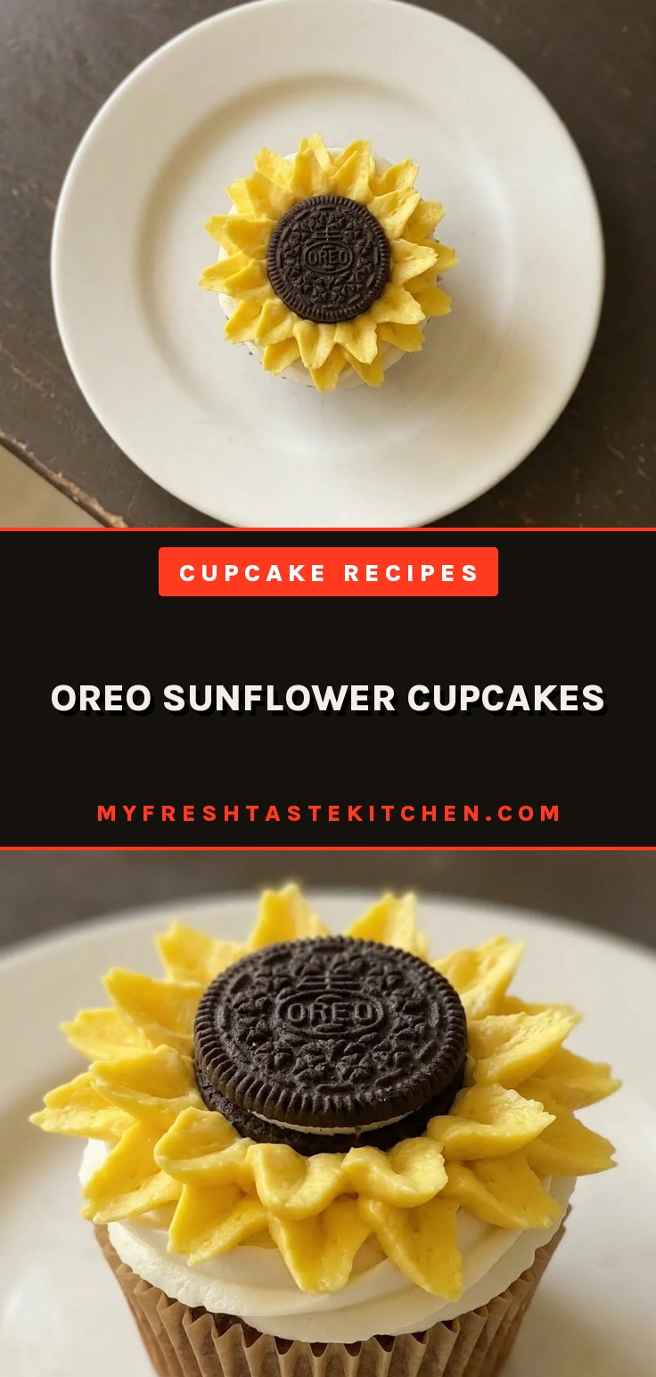 Looking down at a vanilla cupcake topped with yellow buttercream, a whole Oreo cookie, and crushed Oreo pieces.