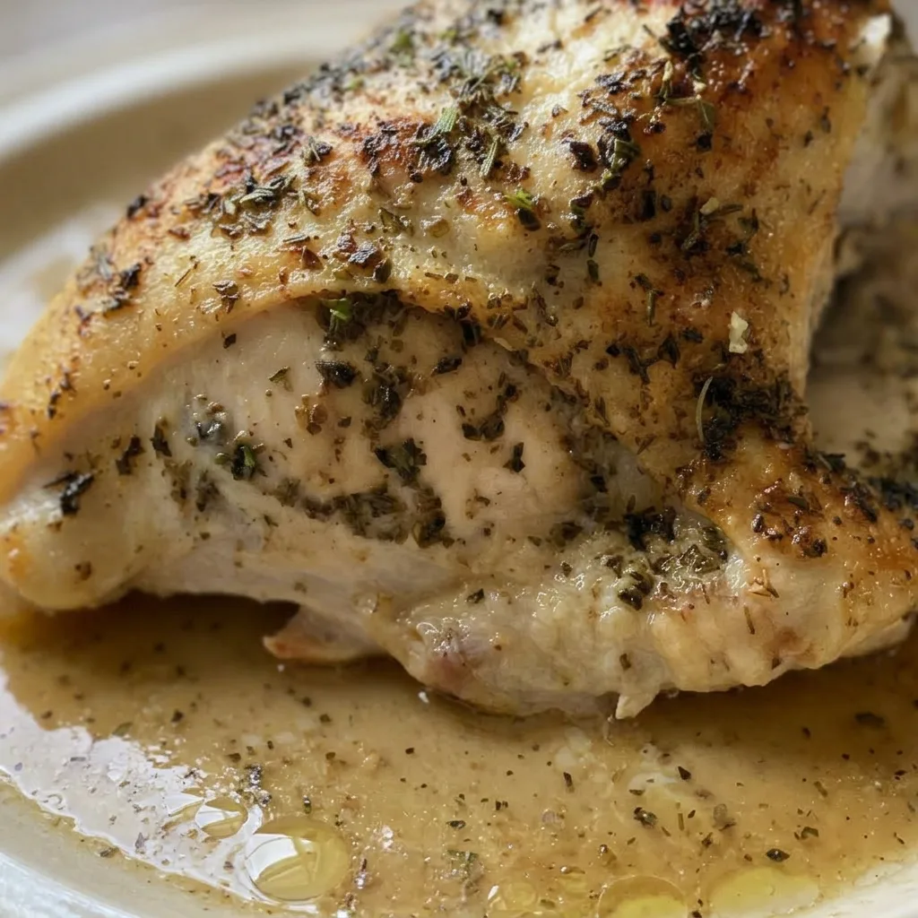 Up close, a bone-in chicken breast glistens with butter and Italian seasoning, garlic powder visible on the browned skin.