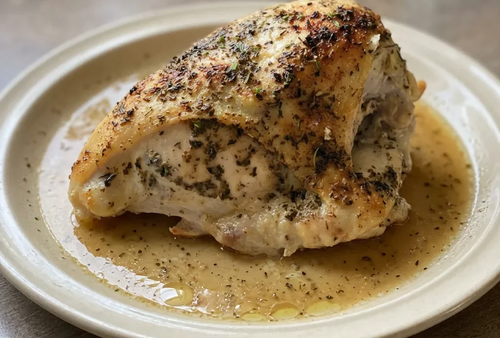 Looking down at a bone-in chicken breast topped with melted butter and Italian seasoning, with garlic powder specks and broth pooled around.