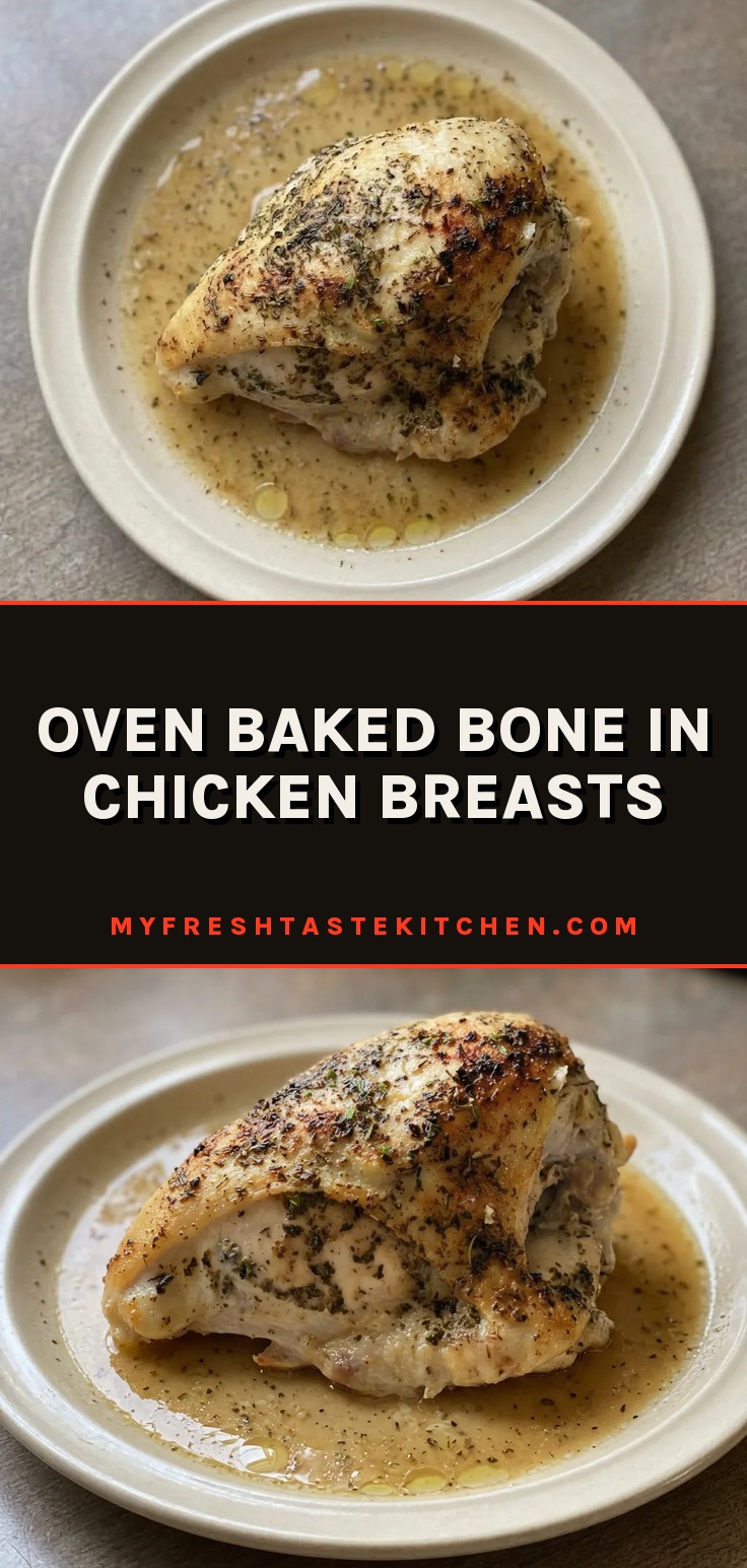Looking down at a bone-in chicken breast topped with melted butter and Italian seasoning, with garlic powder specks and broth pooled around.